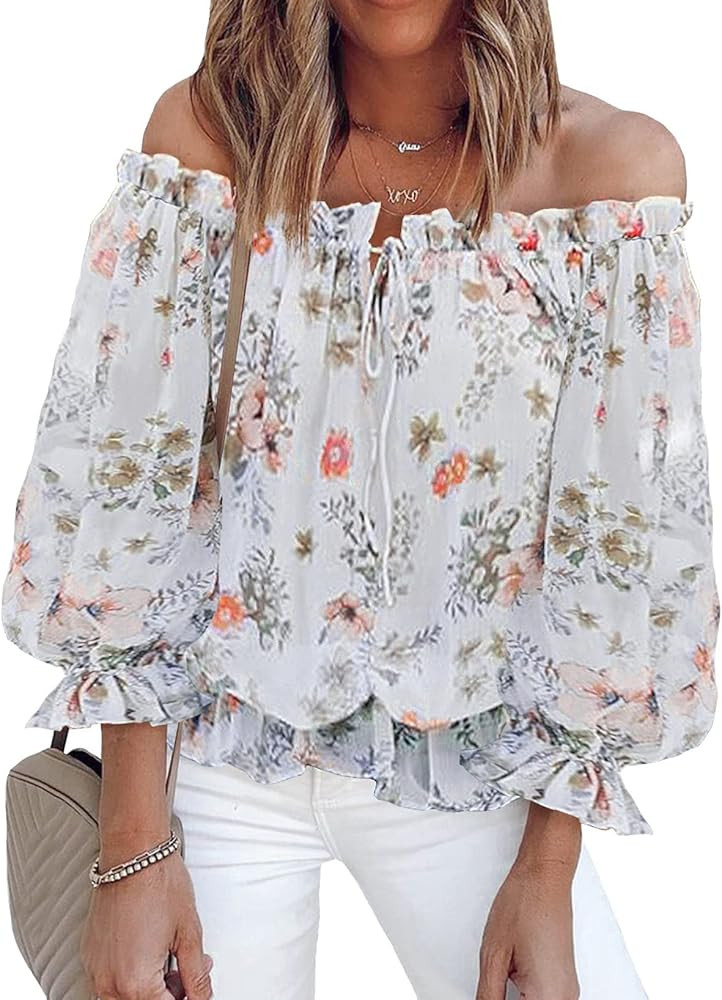 BLENCOT Summer Sexy Off Shoulder Tops for Women Boho Ruffle Sleeve Floral Chiffon Shirts Blouses | Amazon (US)