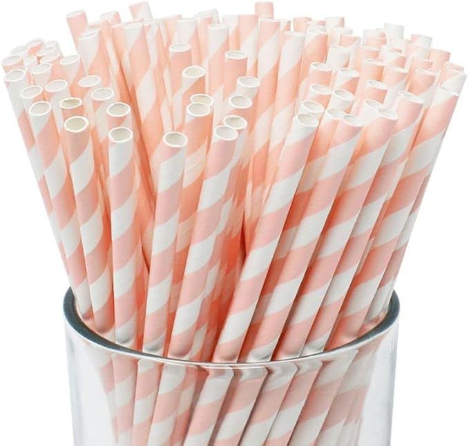 Light Pink Striped Paper Straws, Candy Pink and White Cake Pop Straws For Baby Shower Wedding Bir... | Amazon (US)