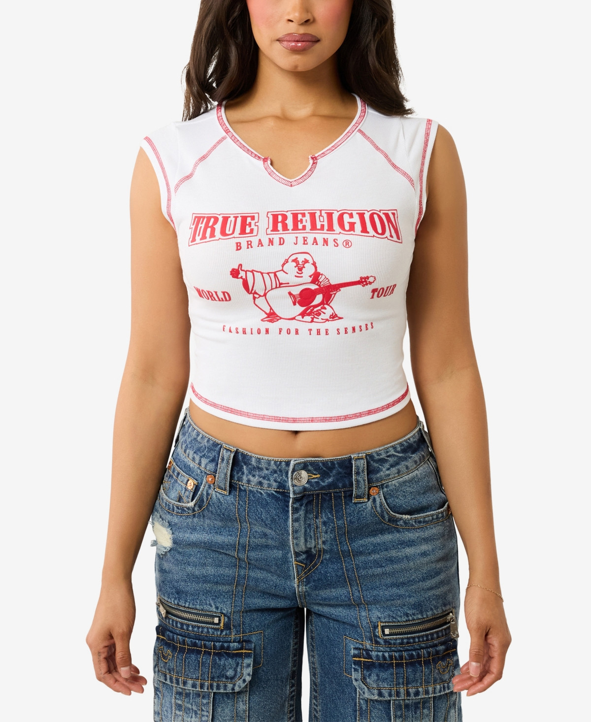 True Religion Women's Logo Rib Notched Baby T-Shirt - Flame Scarlet | Macy's