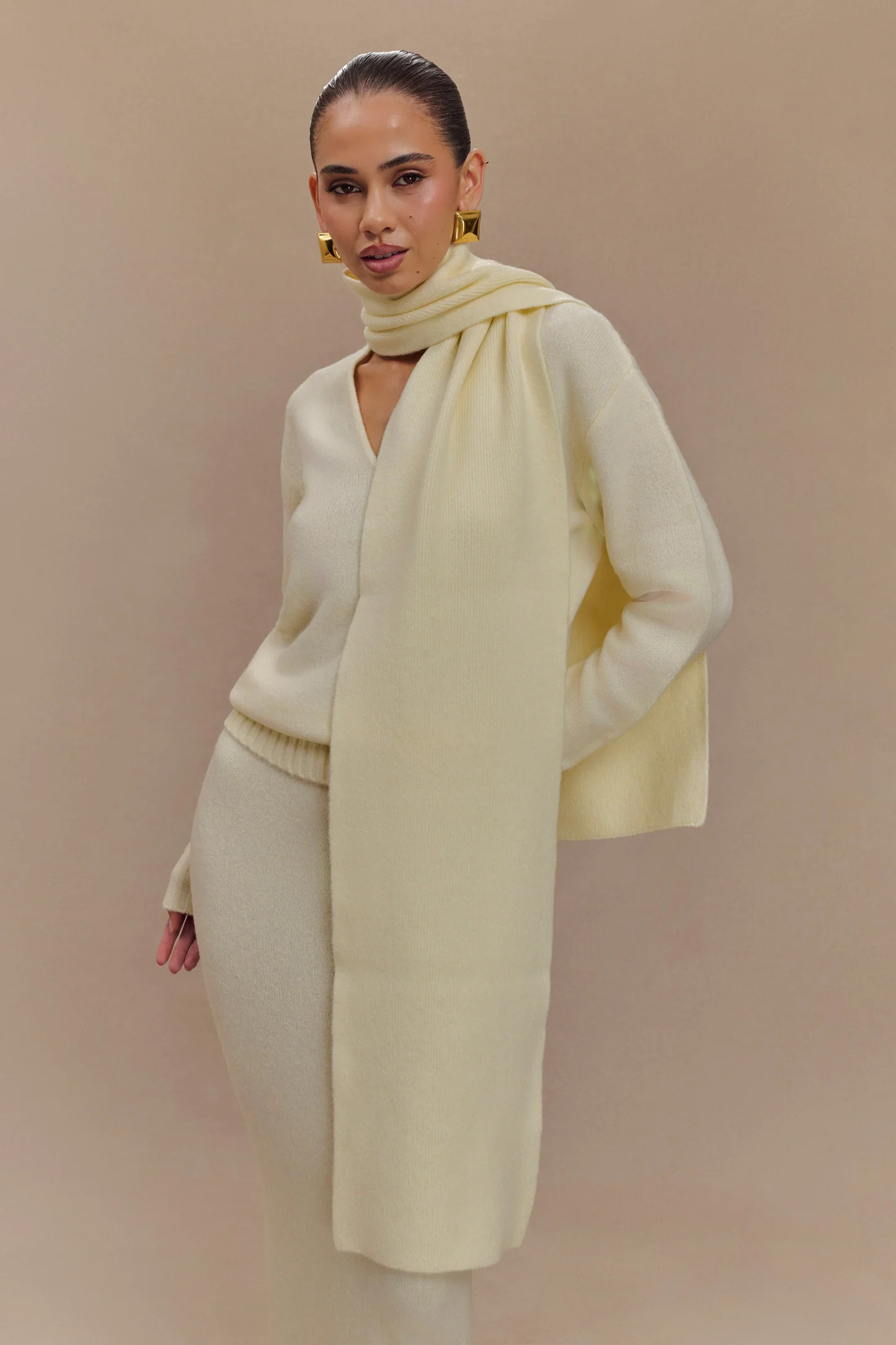 Ella V Neck Knit Jumper With Scarf - Ivory Marle | MESHKI US