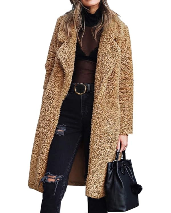 Angashion Women's Fuzzy Fleece Lapel Open Front Long Cardigan Coat Faux Fur Warm Winter Outwear J... | Amazon (US)