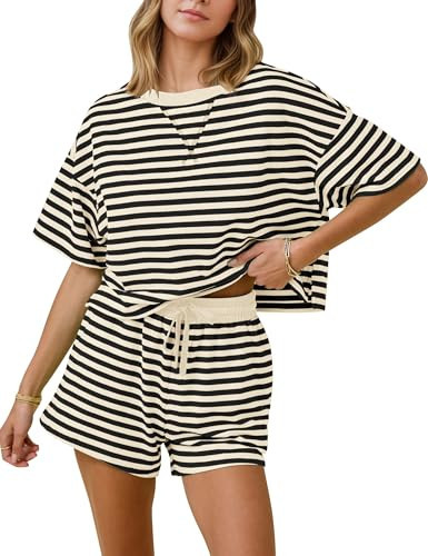 MISSACTIVER Womens Lounge 2 Piece Sets Summer Striped Matching Pajamas Set Short Sleeve Oversized T Shirts Drawstring Shorts | Amazon (US)