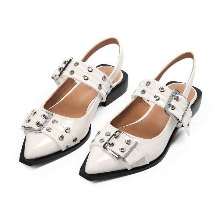 Slingback Flats For Women Buckle Ballet Flats Ballerina Shoes Wide Welt Squared Block Heel Chunky... | SHEIN