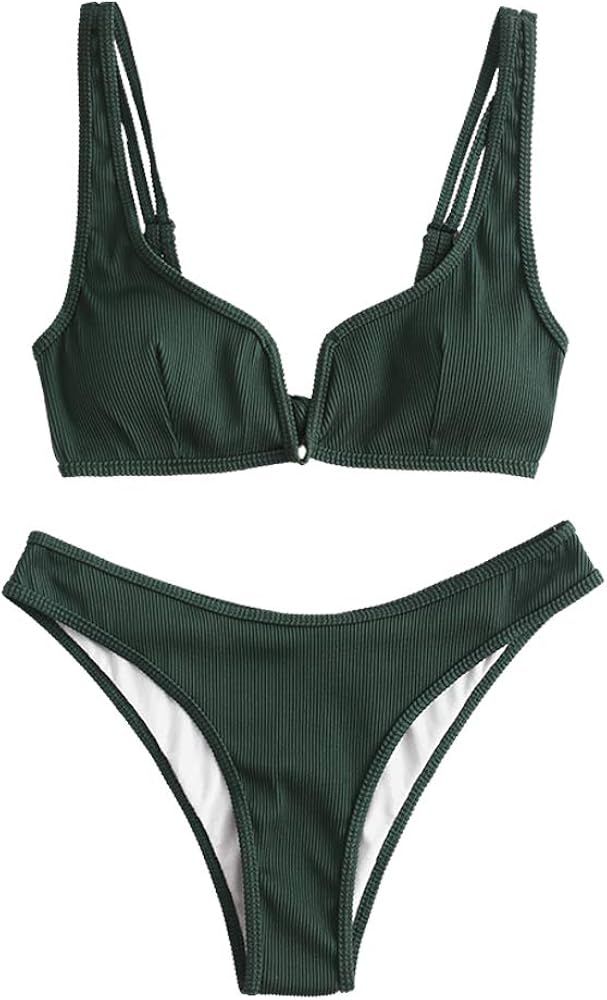 ZAFUL Women's V-Wire Padded Ribbed High Cut Cami Bikini Set Two Piece Swimsuit | Amazon (US)