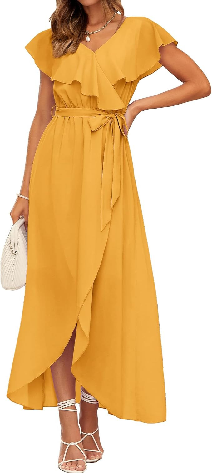 BTFBM Women's Summer Chiffon Maxi Dresses Deep V Neck Ruffle Short Sleeve Beach Party Cocktail Fl... | Amazon (US)