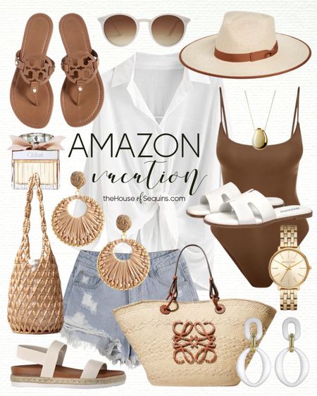 Shop these Amazon Vacation Outfit and Resortwear finds! Travel outfit resort wear, swimsuit coverup, denim shorts, beaded bag, Loewe basket bag, Tory Burch Miller sandals, sun hat and more!

