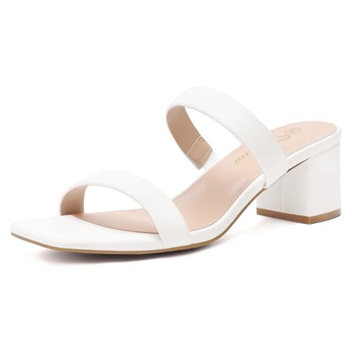 Athlefit White Heels for Women Summer Two Strap Peep Toe Sandals Ladies Slip On Comfy Low Block Heel Leather Sandals Size 8.5 | Amazon (US)