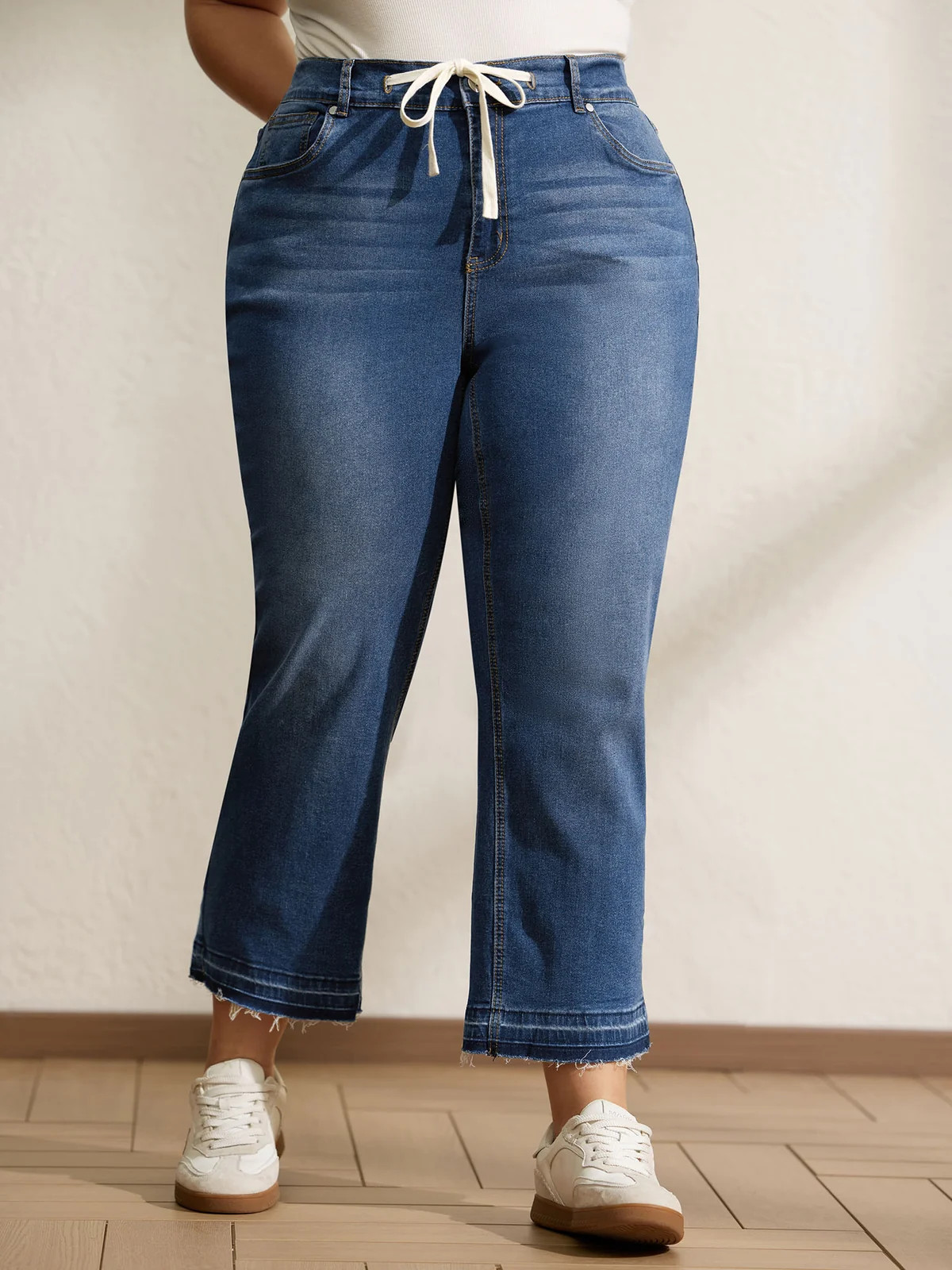 Drawstring Frayed Hem Straight-Leg Jeans | Bloomchic
