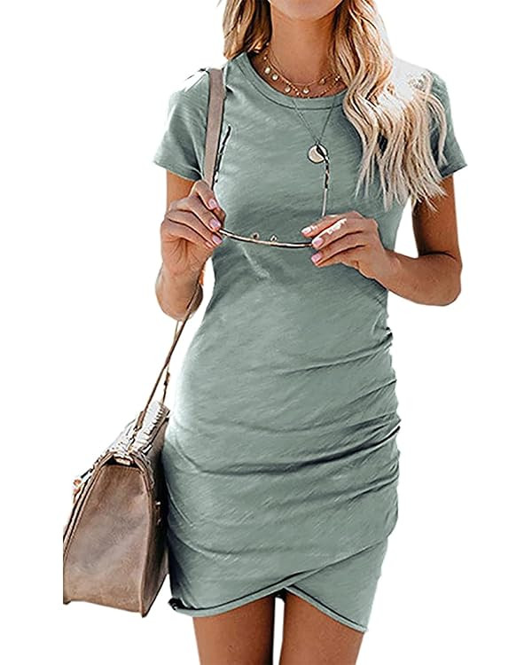 BTFBM Women's 2024 Summer Casual Beach Dresses Crew Neck Short Sleeve Wrap Party Club Mini Ruched... | Amazon (US)