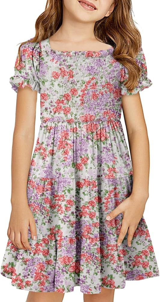 Yoklass Girls Casual Smocked Dress Square Neck Puff Short Sleeve Ruffle Dresses 4-13 Years | Amazon (US)