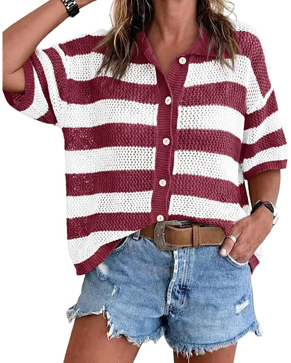 Cicy Bell Womens Summer Striped Crochet Cardigan Tops Button up Cover up | Half Sleeve，Loose Fi... | Amazon (US)