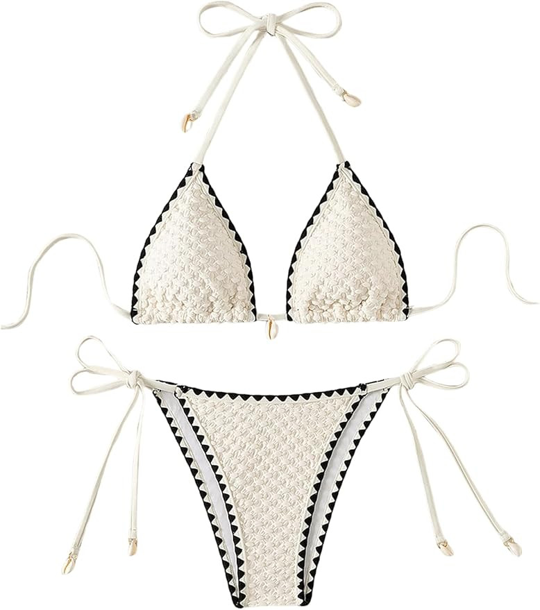 GORGLITTER Women's Colorblock Swimsuit Halter Triangle Bikini Sets High Cut Thong Textured Bathin... | Amazon (US)