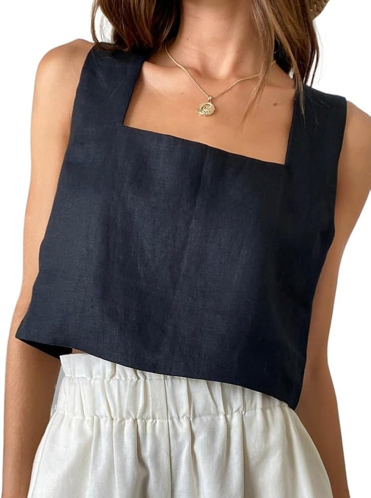 IDEALSANXUN Womens Linen Crop Tank Tops Cute Summer Sleeveless Cropped Cotton Linen Tops | Amazon (US)
