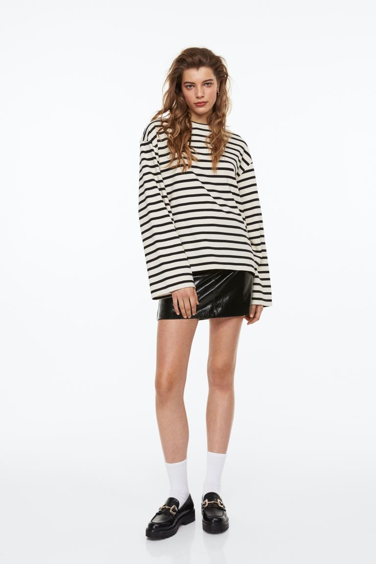 Long-sleeved jersey top - Cream/black striped - Ladies | H&M US | H&M (US)