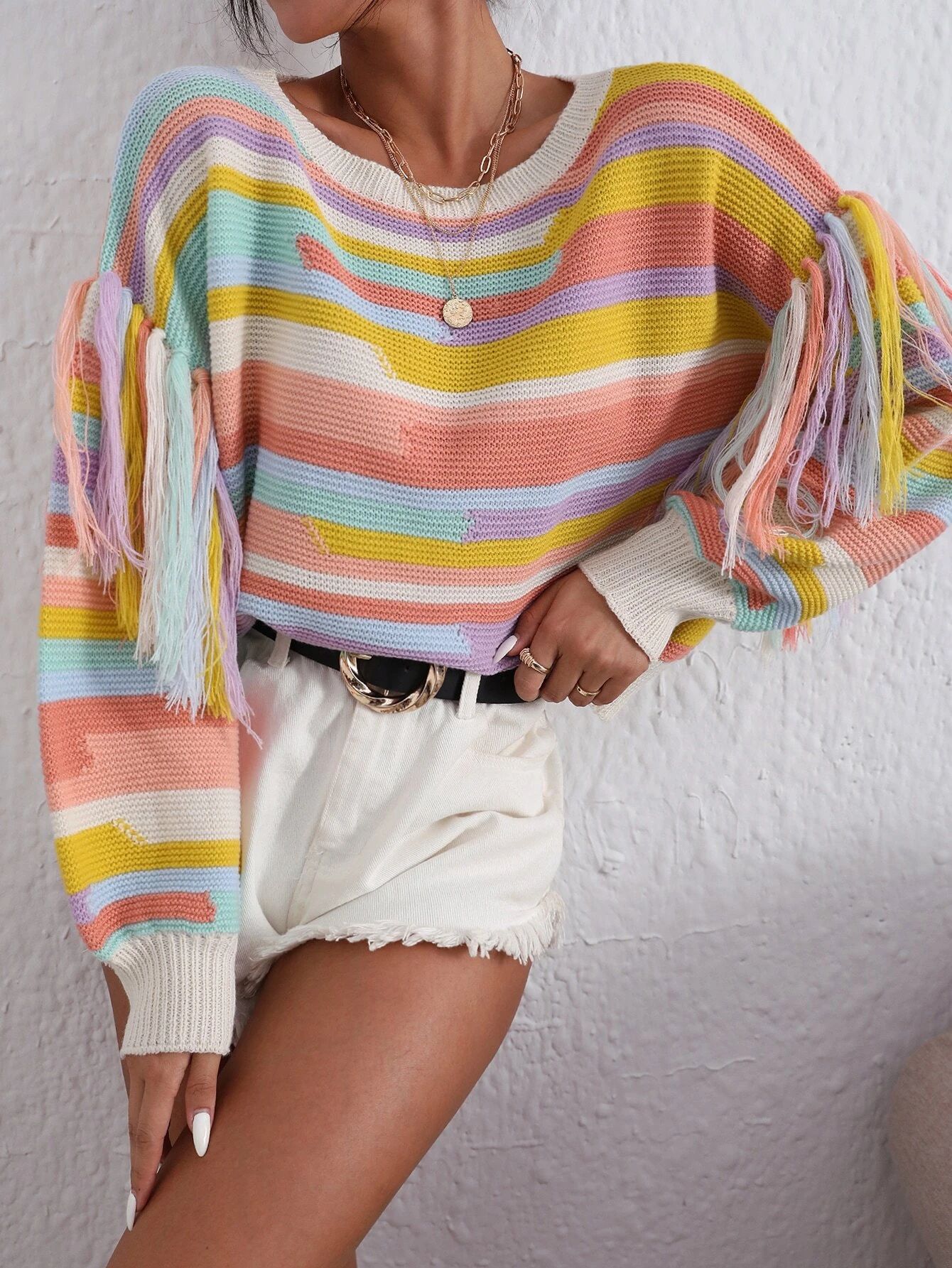 Color Block Tassel Trim Drop Shoulder Sweater | SHEIN