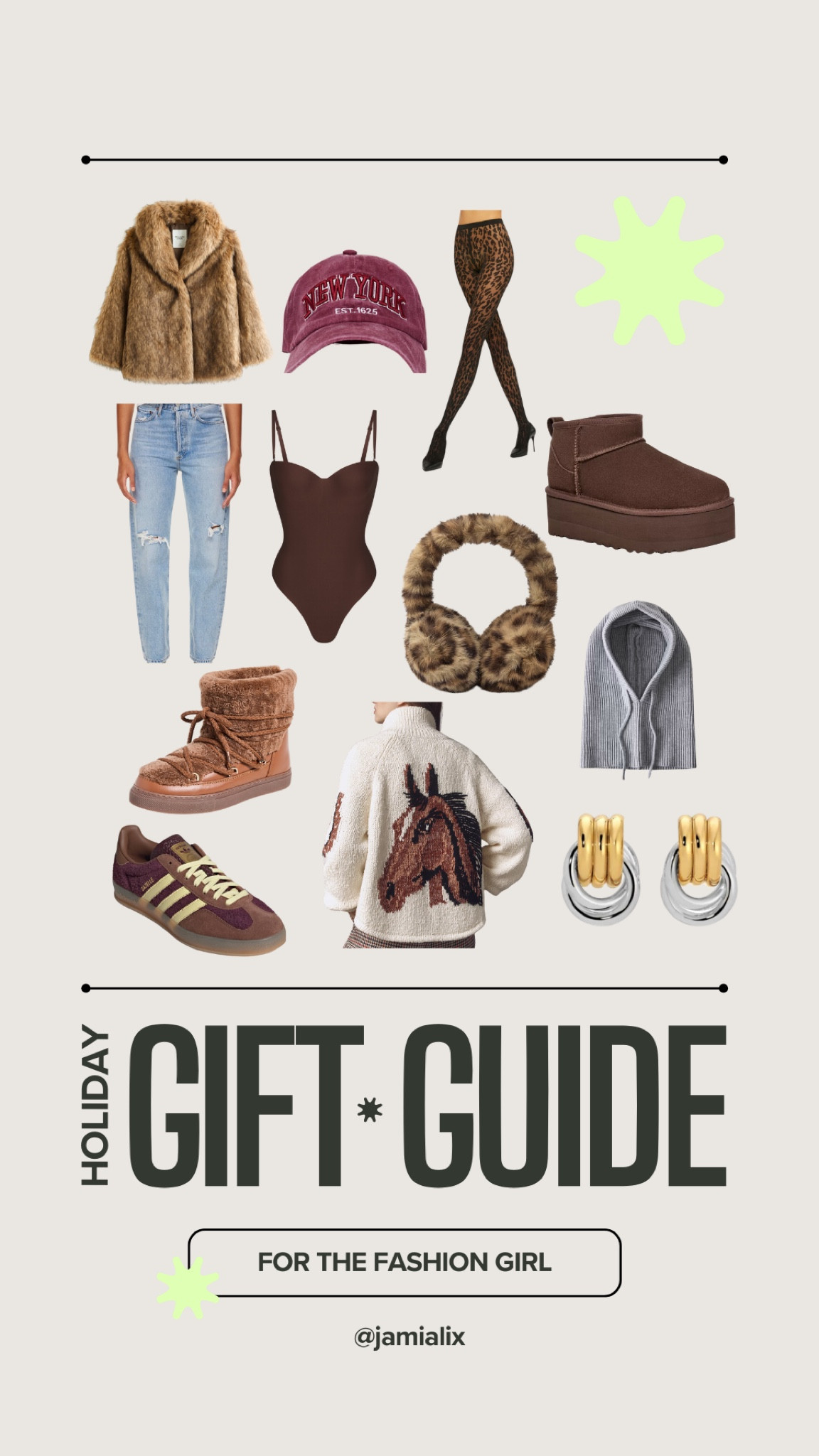 last minute holiday gift guides for the fashion lover 🤎 adidas spezial, brown, burgundy, maroon trendy pieces, brown platform uggs, winter staples, cold weather accessories, heaven mayhem earrings, agolde jeans, abercrombie faux fur coat, anthropologie western horse sweater, skims viral bodysuit, leopard tights and ear muffs, ny baseball hat 

#LTKGiftGuide #LTKHoliday #LTKStyleTip