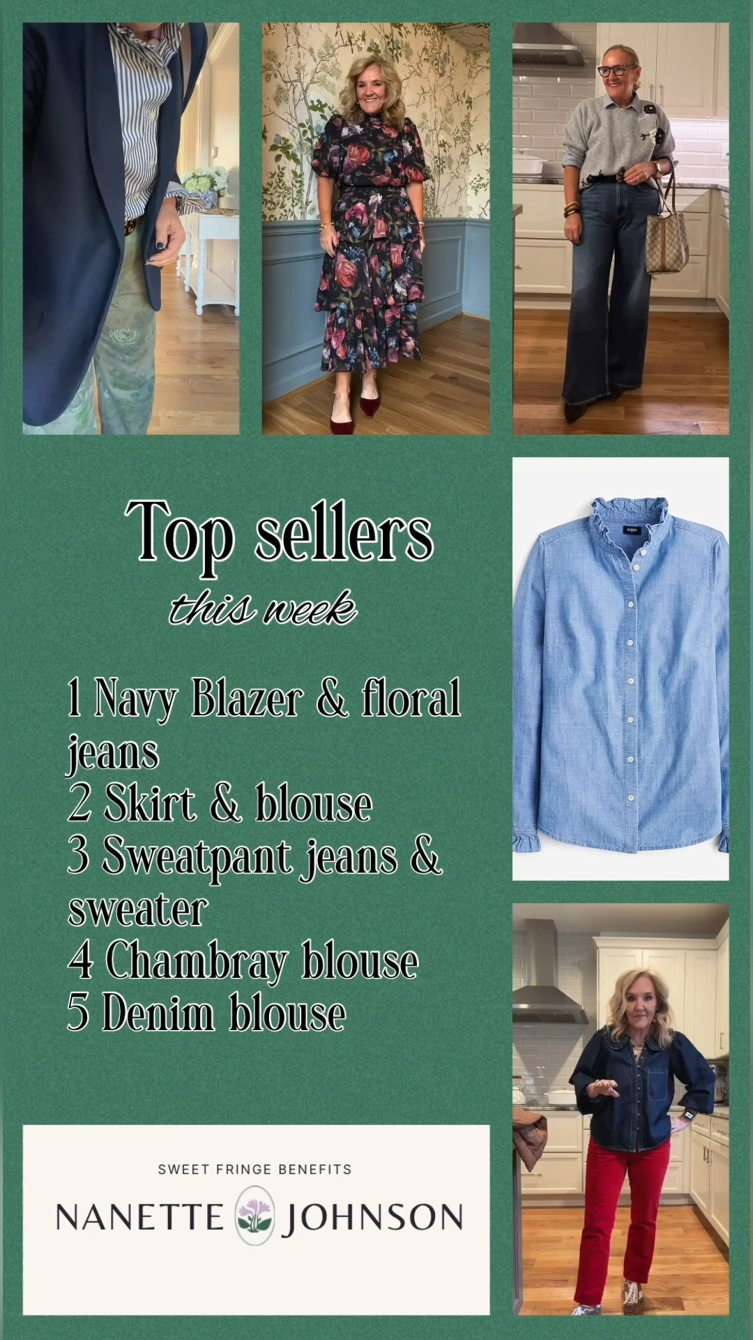 Top sellers this past week. 
Blazer size 10 petite 
Barrel jeans size 8
Floral skirt & blouse size medium 
Sweatpant jeans size 28 (I sized down 1)
Sweater size medium 
Contrary blouse medium 
Denim round collar blouse medium 
Red velvet pants 8 petite 
Some of these are a n sale! 

#LTKPetite #LTKOver40 #LTKSaleAlert