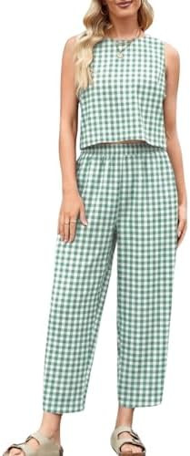 Womens Cotton Gingham 2 Piece Outfit Summer Tank Top Pants Matching Casual Beach Lounge Set | Amazon (US)