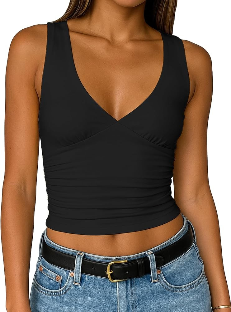 ForeFair Womens Deep V Neck Crop Tank Tops Going Out Double Lined Sexy Crop Top Sleeveless Slim F... | Amazon (US)