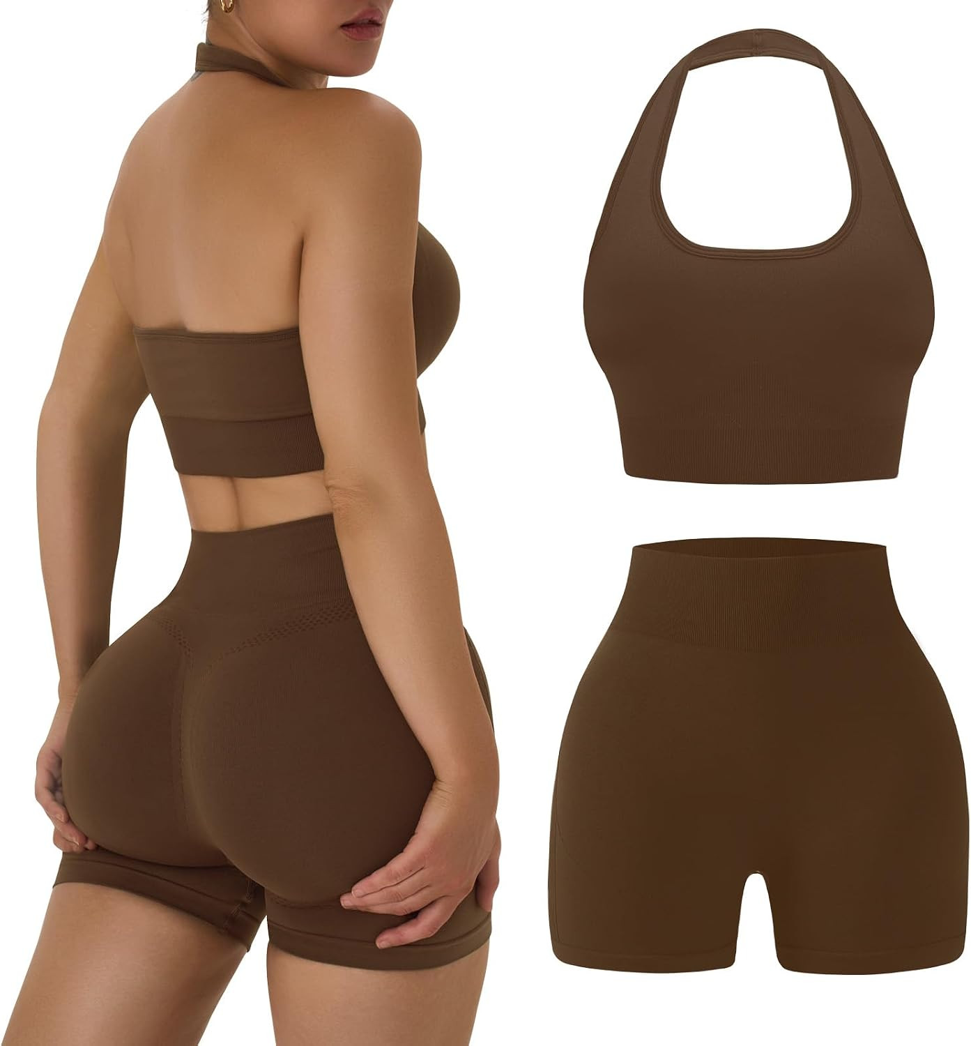 Womens Workout Sets 2 Piece Halter Sports Bra Scrunch Butt Shorts | Amazon (US)