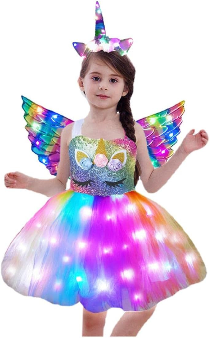 bDDeDD Unicorn Dress for Girls,Unicorn Costumes LED Lighted TuTu Dress With Headband Wing for Bir... | Amazon (US)
