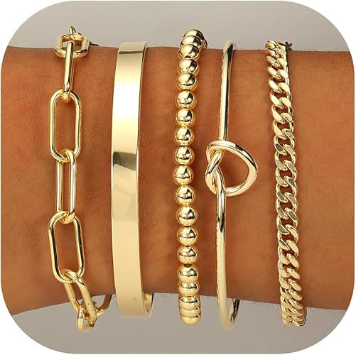 Gold Plated Bracelets for Women Stack,Bangle Cuff Bracelet Set Non Tarnish Jewelry for Women Tren... | Amazon (US)