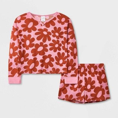 Girls' Retro Floral Long Sleeve Pajama Set - art class™ Rose/Orange | Target