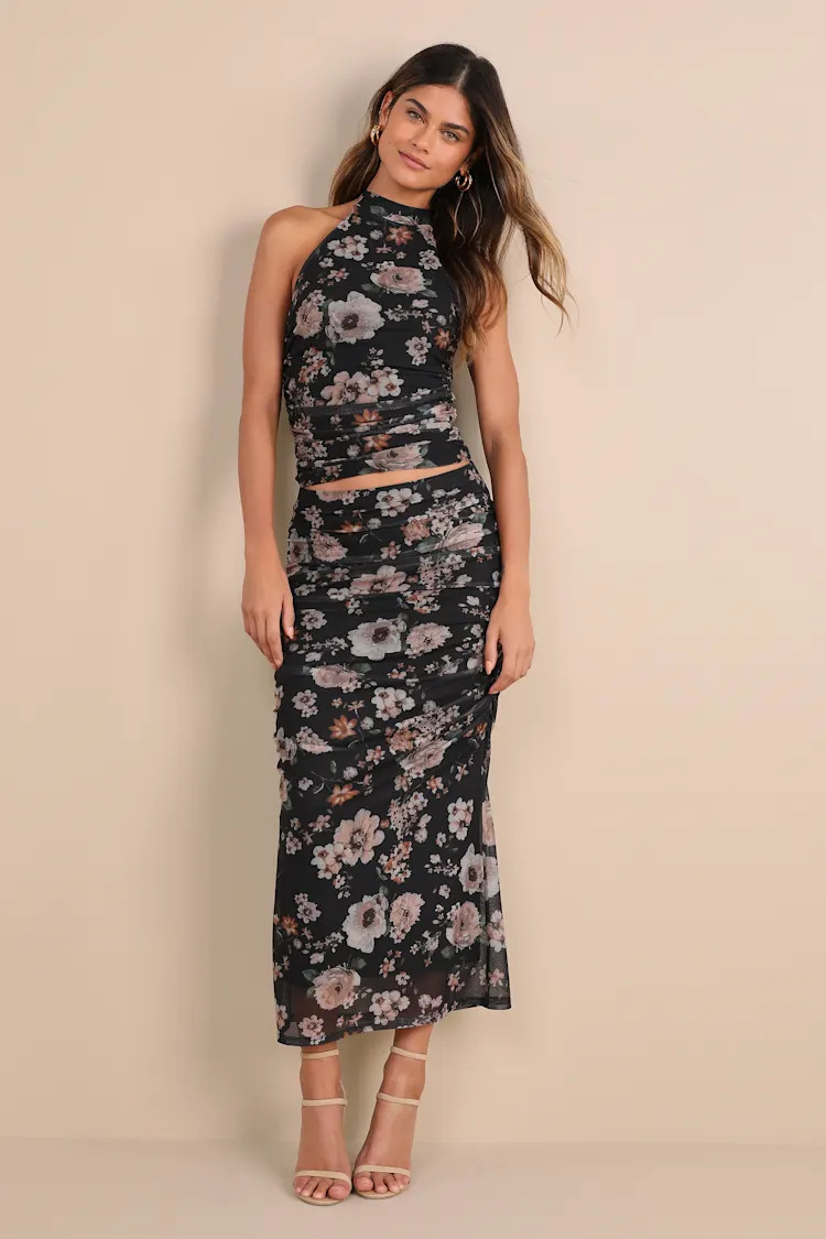 Gorgeous Admiration Black Floral Mesh Ruched Midi Skirt | Lulus