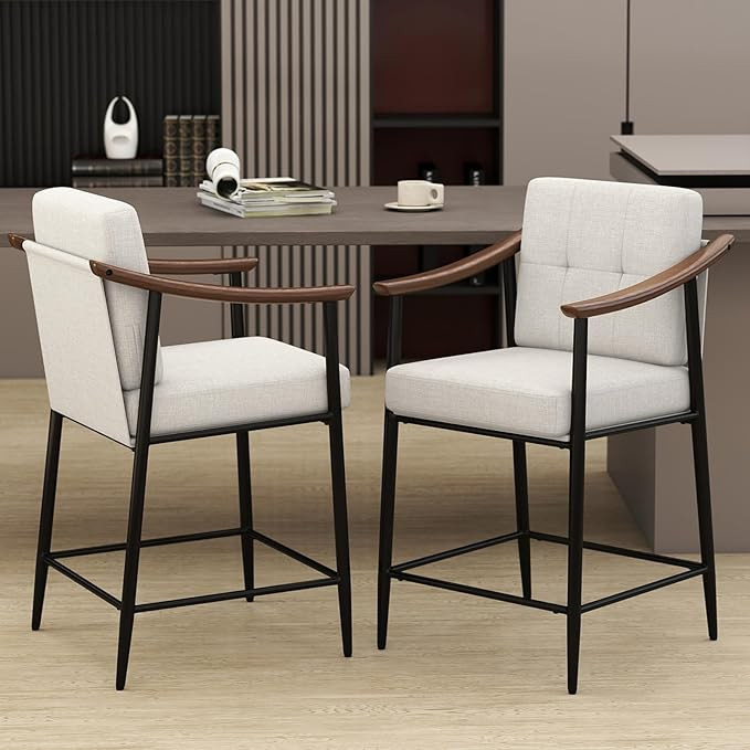 Counter Height Bar Stools, 26" Mid Century Bar Chairs with Wood Armrests, Modern Upholstered Bars... | Amazon (US)