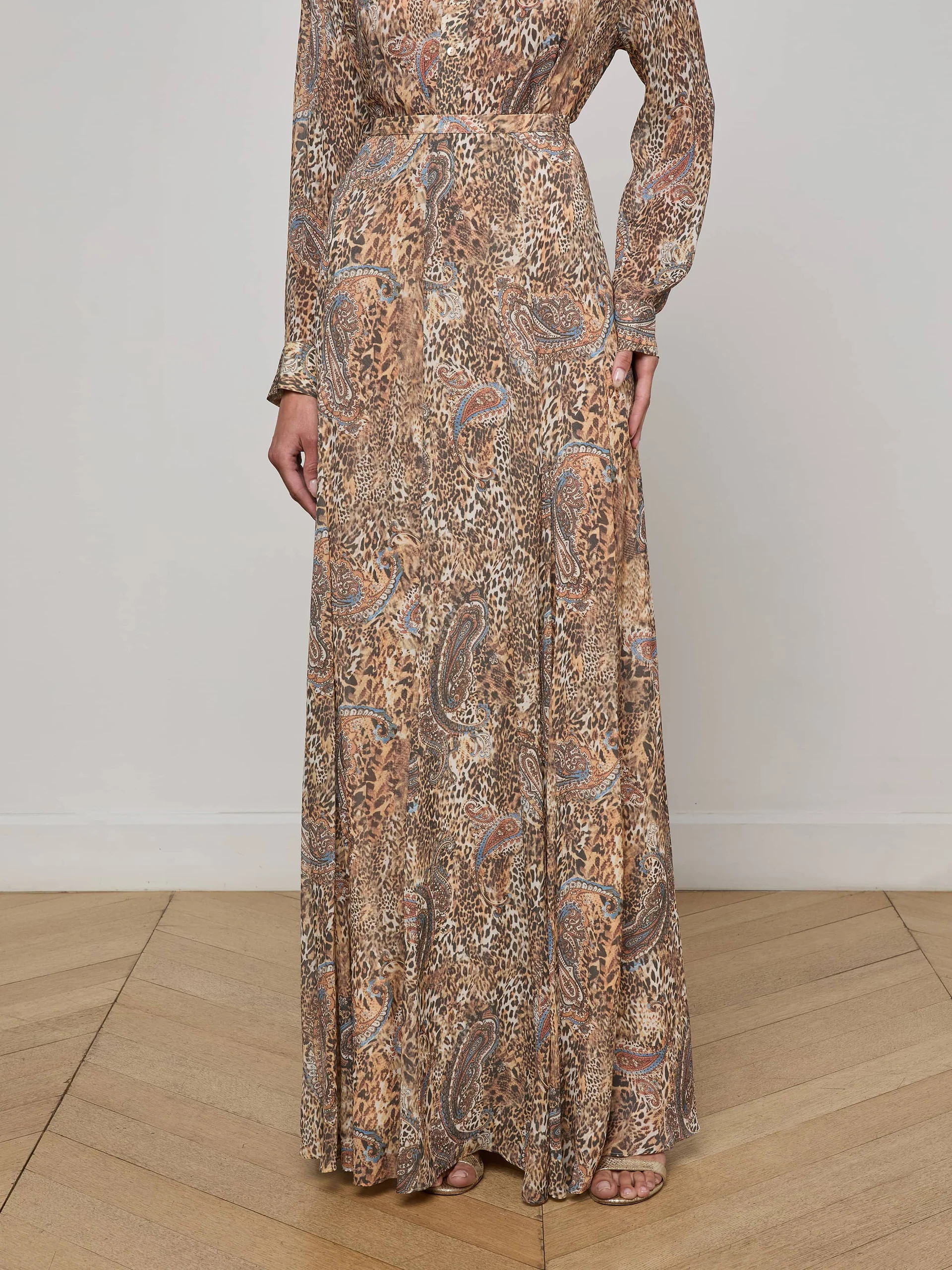 Patricia Maxi Skirt in Brown/Blue Valencia Leopard | L'AGENCE | L'Agence