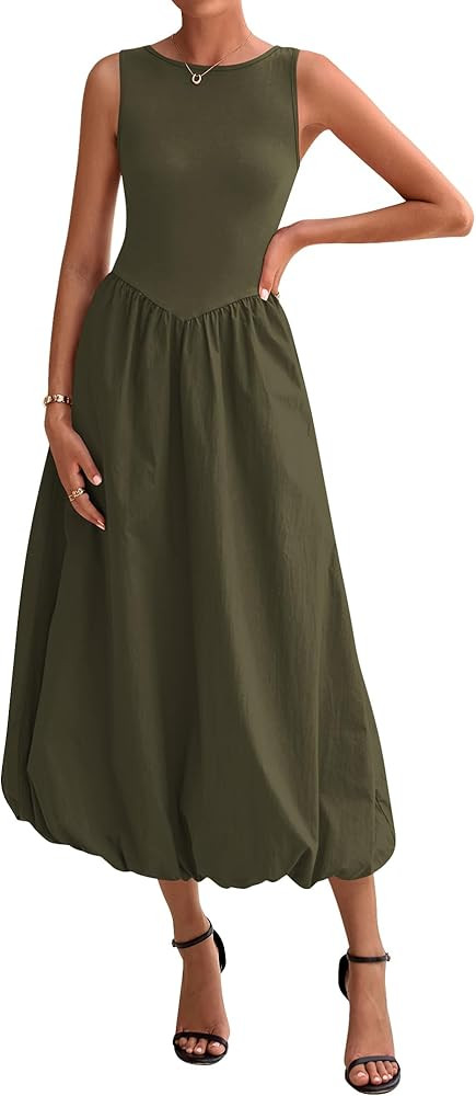 BTFBM Women's 2025 Summer Casual Sleeveless Midi Dress Patchwork Knit Tank Bubble Long Flowy Beac... | Amazon (US)