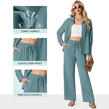 Lepunuo 2 Piece Outfits for Women Casual Lounge Sets Long Sleeve Button Down Shirts and Wide Leg ... | Amazon (US)