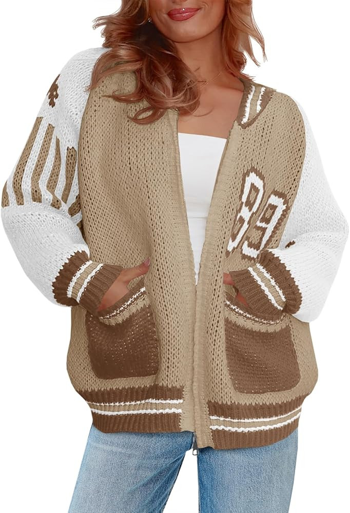 Saodimallsu Womens Bomber Varsity Sweater Jackets Vintage Zip Up Long Sleeve Loose Knitted Baseba... | Amazon (US)