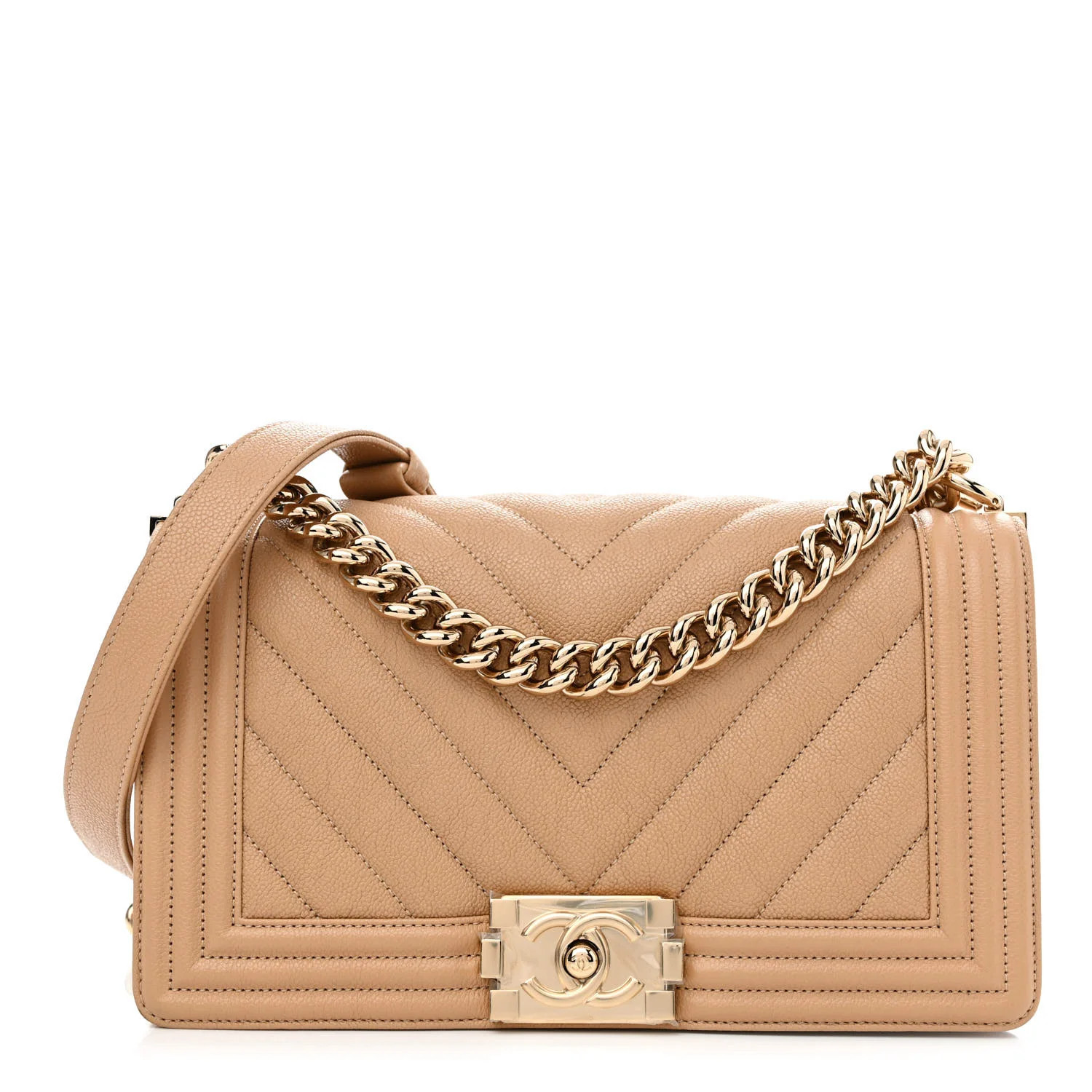 Caviar Chevron Quilted Medium Boy Flap Beige | FASHIONPHILE (US)