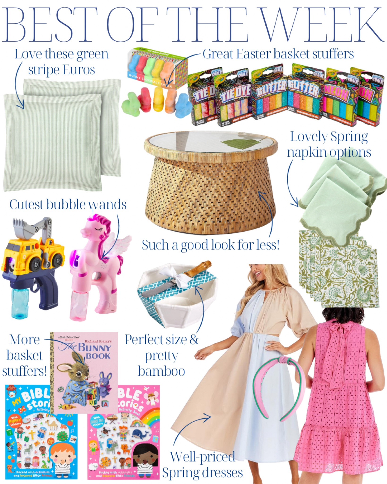 home decor | Spring style | Spring dress | grandmillennial home | grandmillennial decor | grandmillennial style | classic style | preppy style | classic home | traditional home | Spring dress | Easter dress | pink dress | eyelet dress | blockprint napkins | scalloped napkins | bubble blowers | Easter basket stuffers | Euro pillow covers | bamboo bowl | Bible story book for kids | woven designer rattan coffee table

#LTKSeasonal #LTKhome #LTKstyletip