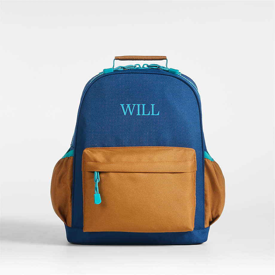 Colorblock Navy and Ochre Personalized Medium Kids School Backpack with Side Pockets + Reviews | ... | Crate & Barrel
