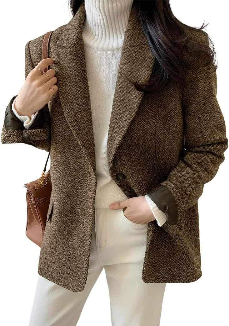 chouyatou Womens Fall Winter Wool Blend Casual Business Blazer Jacket Single Breasted Dressy Work Coat | Amazon (US)