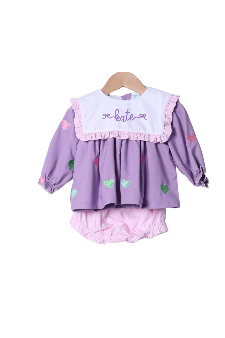 Embroidered Hearts Lavender Linen Ruffle Bloomer Set | The Smocked Flamingo