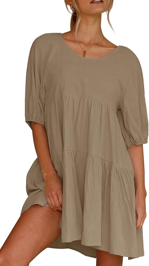 Febriajuce Women's Summer Scoop Neck Short Sleeve Ruffle Loose Summer Flowy Mini Dress | Amazon (US)