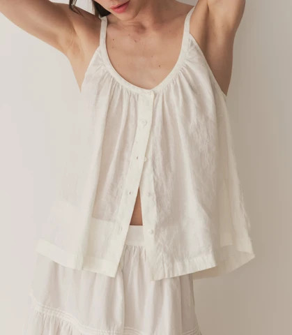 DÄ?EN Nalina Linen Top -- Salt - Size - L Button Up Sleeveless Feminine Victorian | DOEN
