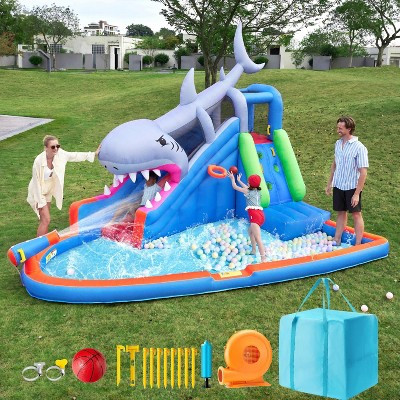 Joyfy Shark Inflatable Water Slide Park, Blow Up Water Slides With Climbing Wall Ball Pit Toss Ring Splash Pool, 6-in-1 Water Park with 450W Blower | Target