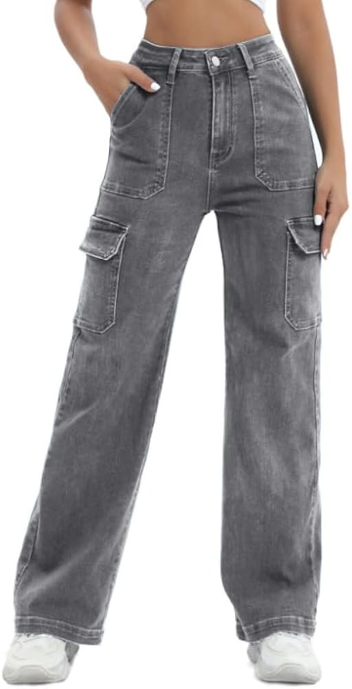 Women Cargo Jeans High Waist Y2K Straight Leg Trendy Stretchy Lightweight Jeans for Women | Amazon (US)