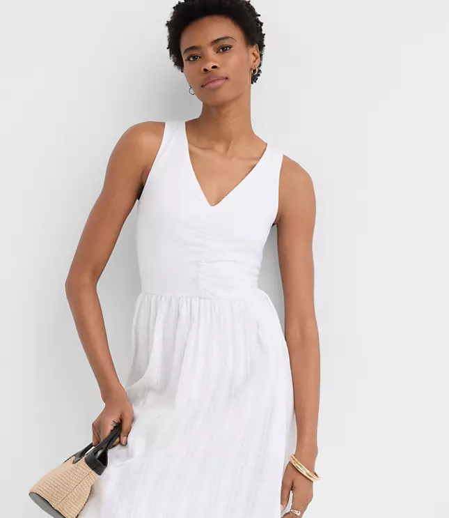 Petite Stripe Ruched Mixed Media Midi Pocket Dress | LOFT