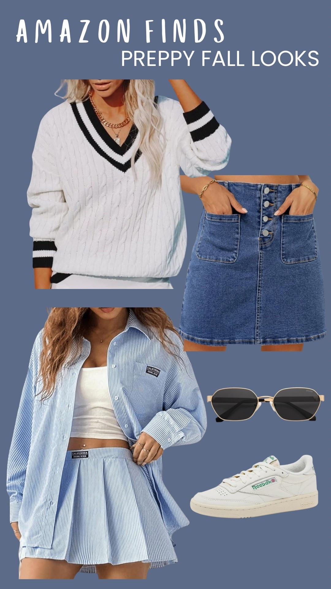 Sporty preppy fall outfit ideas you can shop right on Amazon — think V-neck knit sweaters with charming collar detail, pleated skirts, denim skirts, and retro Reebok sneakers for a classic yet casual look. Perfect for back to school, weekend brunch, or effortless fall layering. #AmazonFashion #PreppyStyle #FallOutfits #SportyPreppy #AmazonFinds #PreppyOutfits #FallFashion #OOTD #AmazonPreppy #PreppyFallLooks

#LTKShoeCrush #LTKStyleTip #LTKFindsUnder100