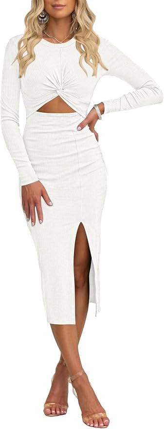 Pink Queen Women's Crew Neck Long Sleeve Midi Dress Cutout Twist Front Bodycon Slit Pencil Ribbed... | Amazon (US)
