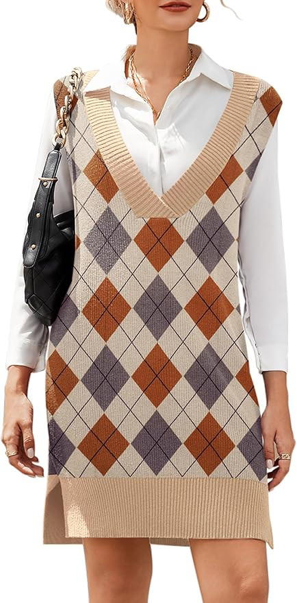 HOTOUCH Women's V Neck Sweater Vest Dress Oversized Sleeveless Casual Pullover Sweater Fall Winte... | Amazon (US)