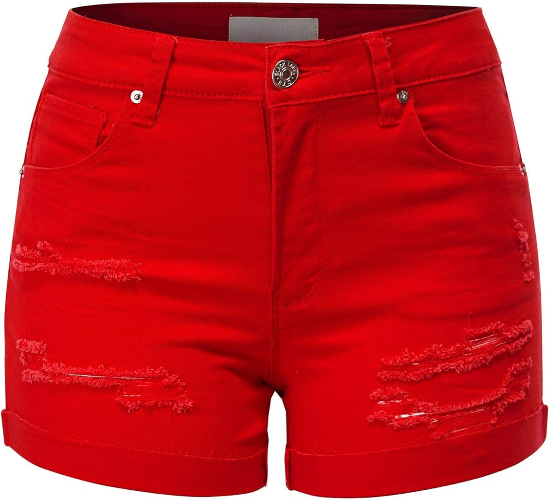 FashionMille Women's Mid Waist Stretch Denim Jean Raw Hem Ripped 3.5" Shorts with Pockets | Amazon (US)