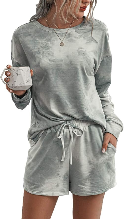 PRETTYGARDEN Women’s Tie Dye Printed Pajamas Set Long Sleeve Tops with Shorts Lounge Set Casual... | Amazon (US)