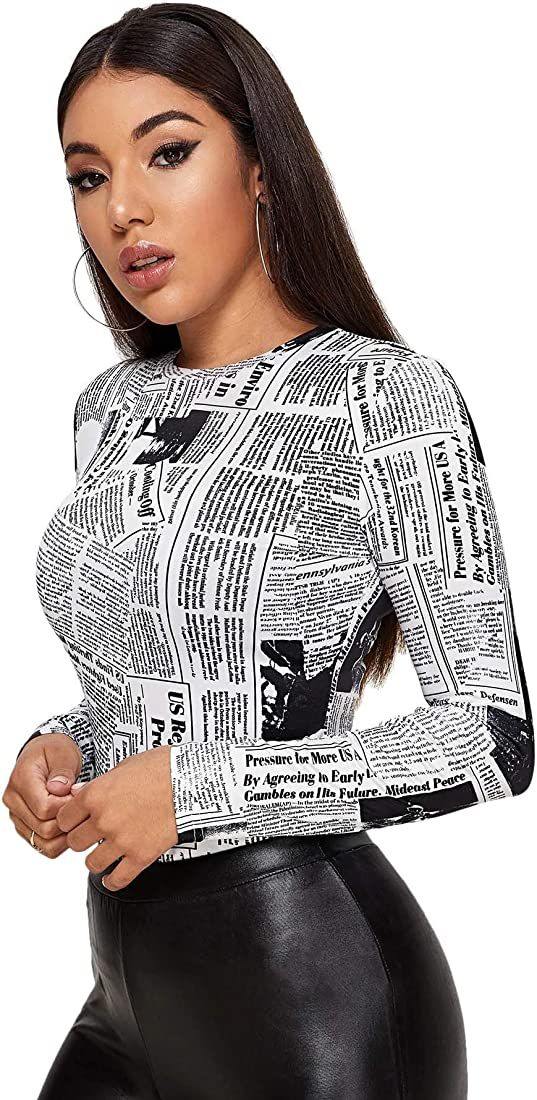 WDIRARA Women's Newspaper Print Tee Long Sleeve Round Neck Letter Print Slim Top | Amazon (US)