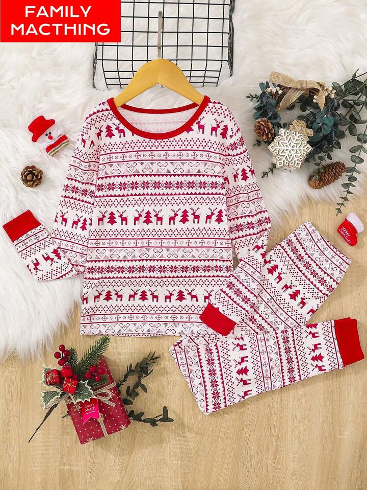 TrendsTween Boy Christmas Pajamas With Fair Isle Red And White Printing, Long Sleeve Top And Pant... | SHEIN